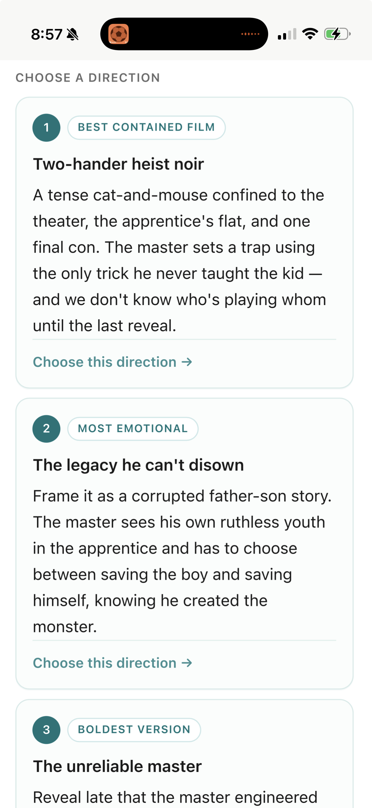 Chorum's Develop screen on an iPhone — a story seed shaped into a first take with title, genre, character, and core conflict