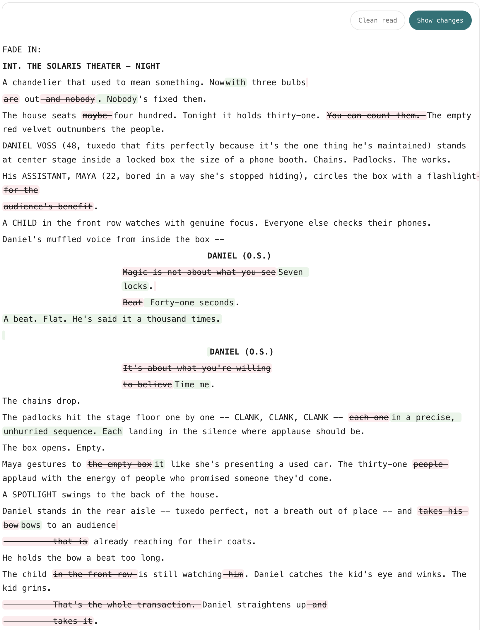Chorum's rewrite view showing the diff between original and revised pages with added text in green and removed text in red