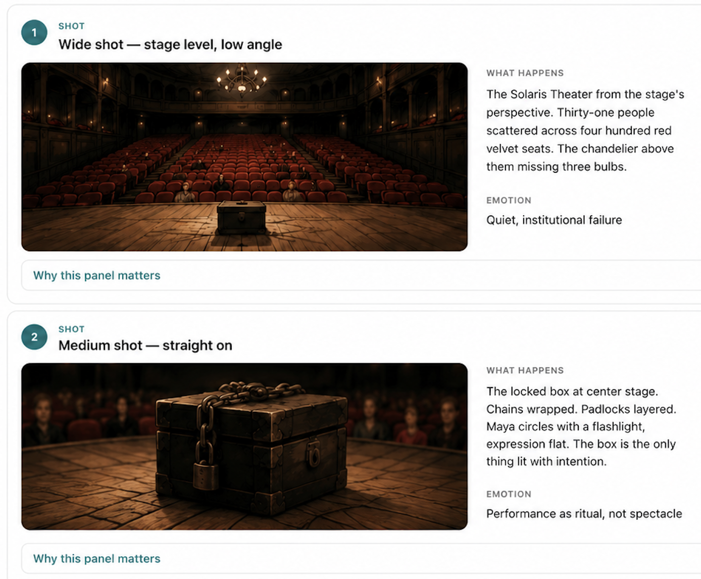 Chorum storyboard panels — a wide shot of an empty theater and a medium shot of a chained box, each with shot type, what happens, and emotion notes