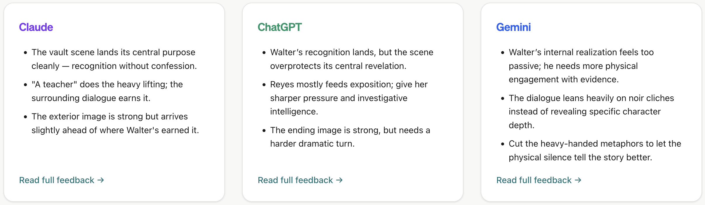 Three reader cards from Chorum — Claude, ChatGPT, and Gemini each returning an independent read on the same scene